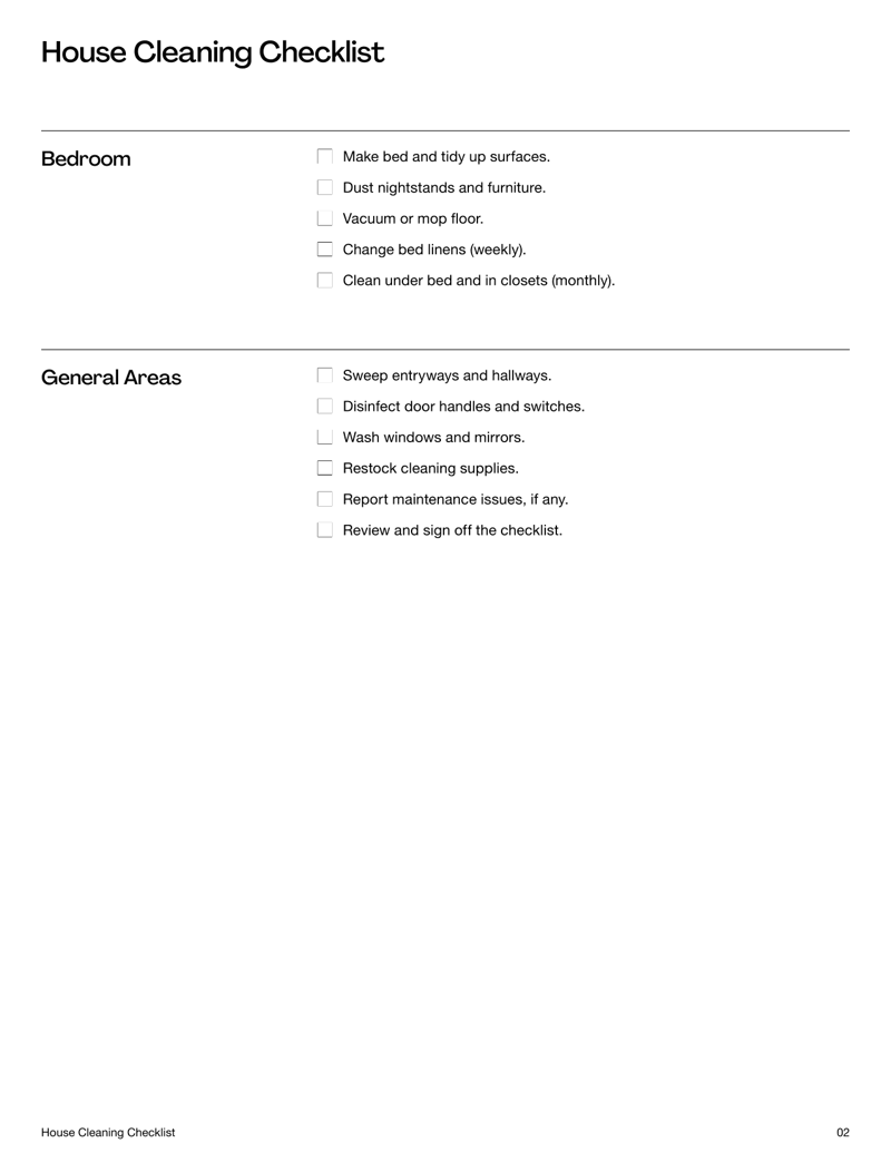 House Cleaning Checklist organized by room and task frequency to maintain a clean and hygienic home