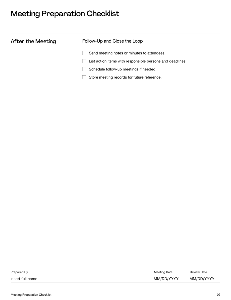 Meeting Preparation Checklist for organizing agendas, logistics, roles and follow-ups for in-person or virtual meetings