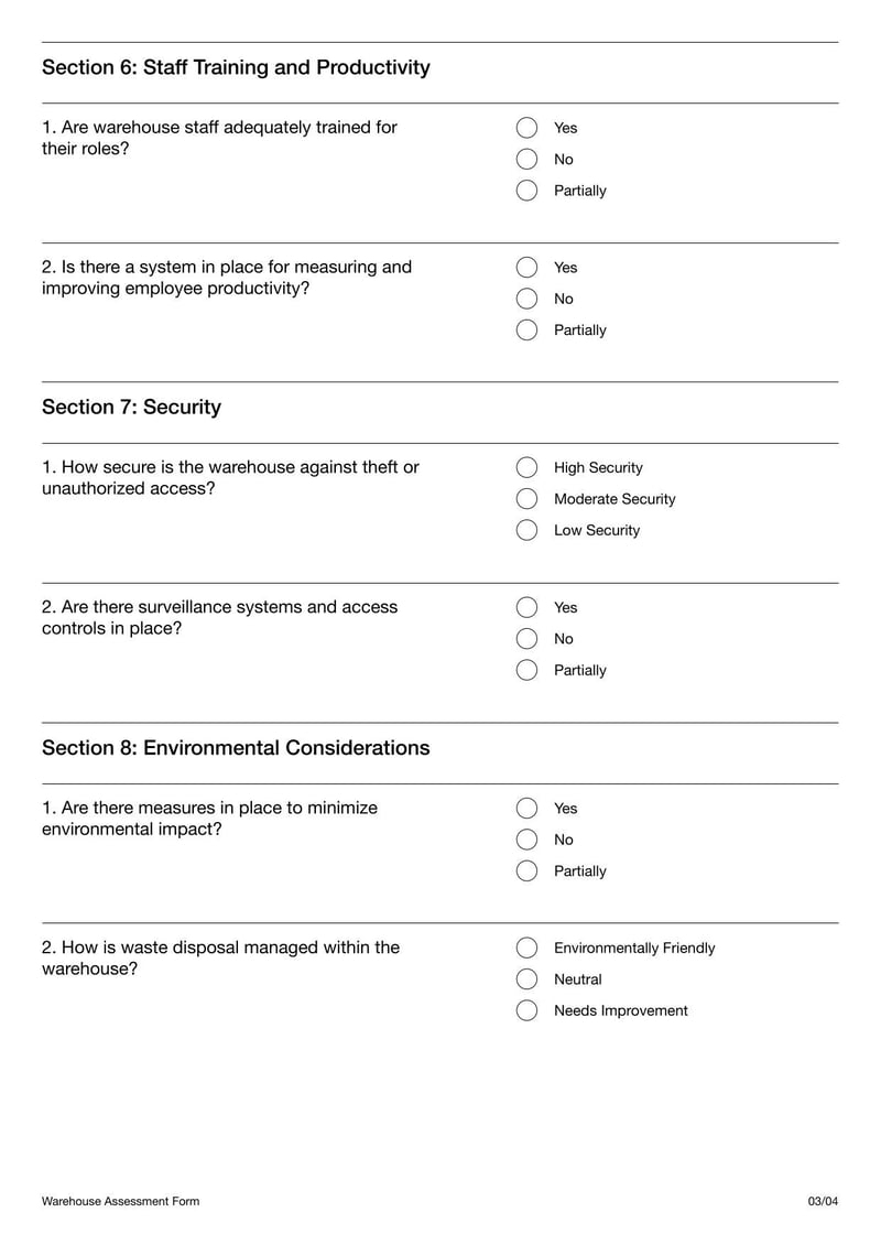 Warehouse Assessment Form evaluating storage facility conditions, including safety and inventory management