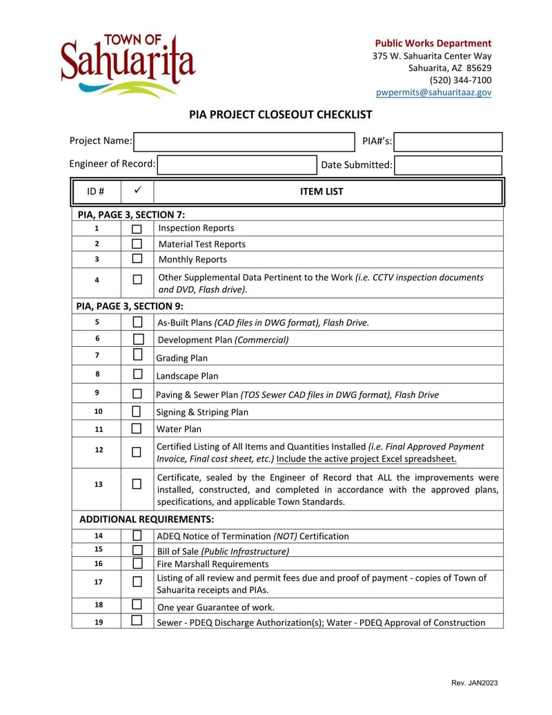 Large thumbnail of Town of Sahuarita PIA Project Closeout Checklist