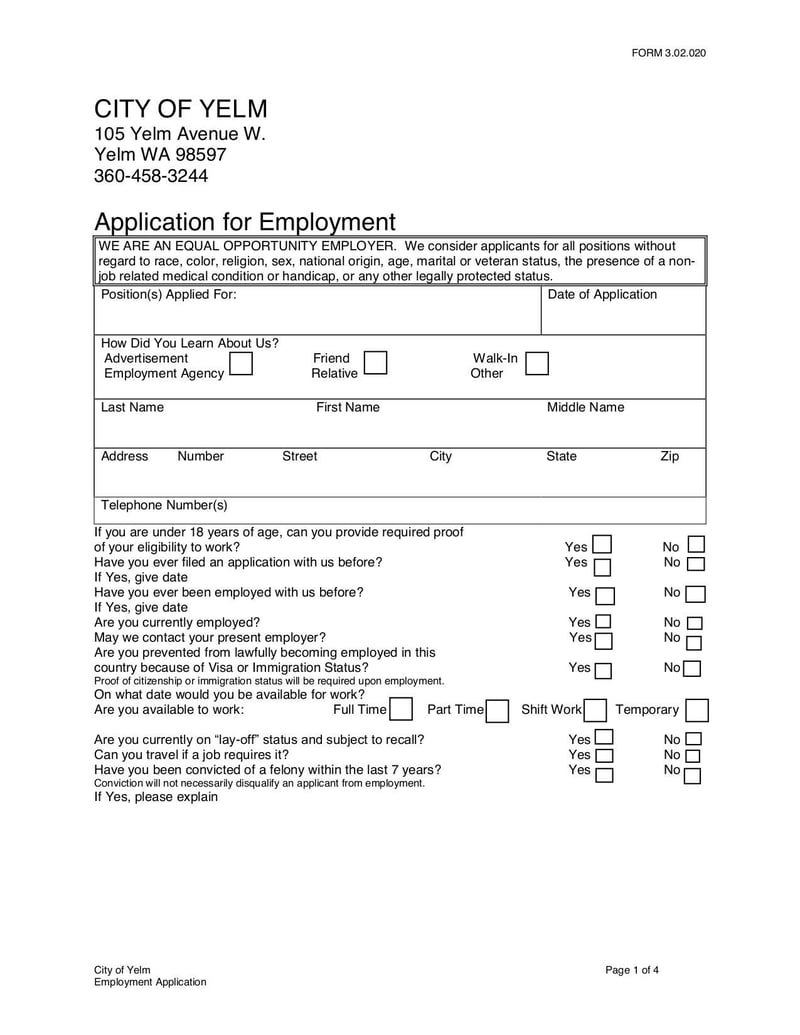Large thumbnail of City of Yelm Application for Employment (Form 3.02.020) - Mar 2018