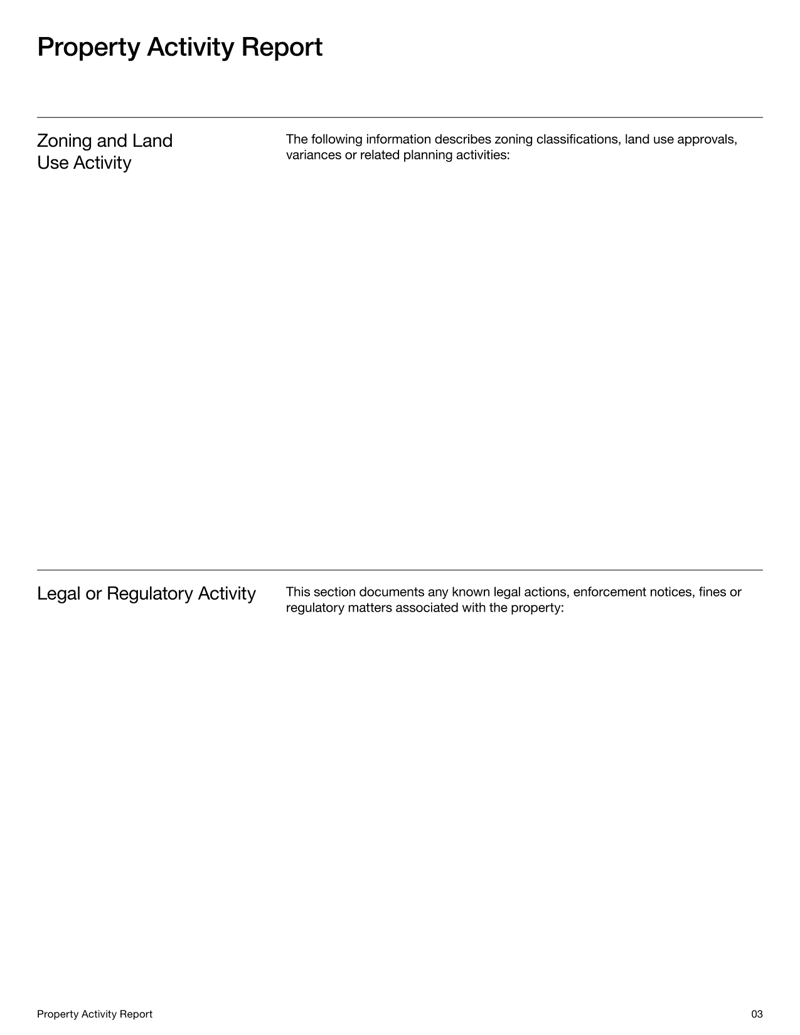 Property Activity Report document with sections for ownership, permits, inspections, zoning and regulatory activity