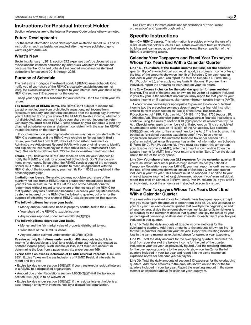 Large thumbnail of Schedule Q (Form 1066) - Sep 2018