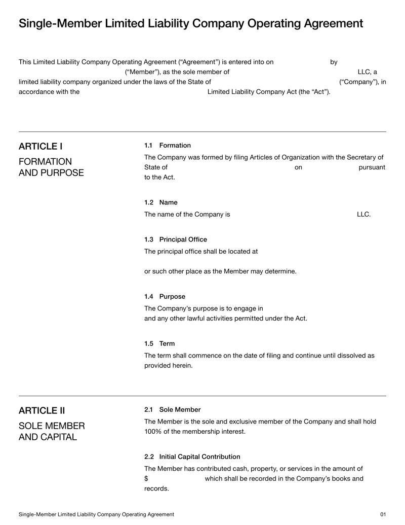 Single-Member LLC Operating Agreement for sole proprietors forming a limited liability company