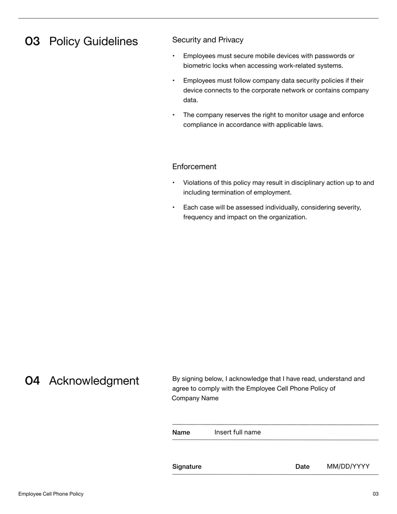 Employee Cell Phone Policy document defining guidelines for mobile phone usage, company-issued devices, security and acknowledgment