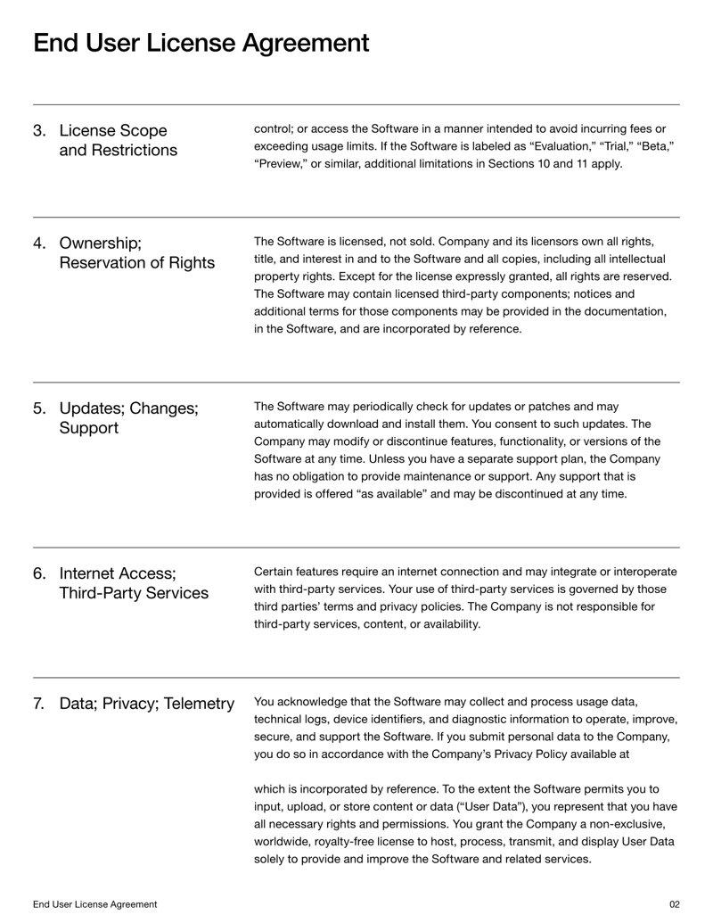 End User License Agreement setting software license terms, user rights and compliance obligations