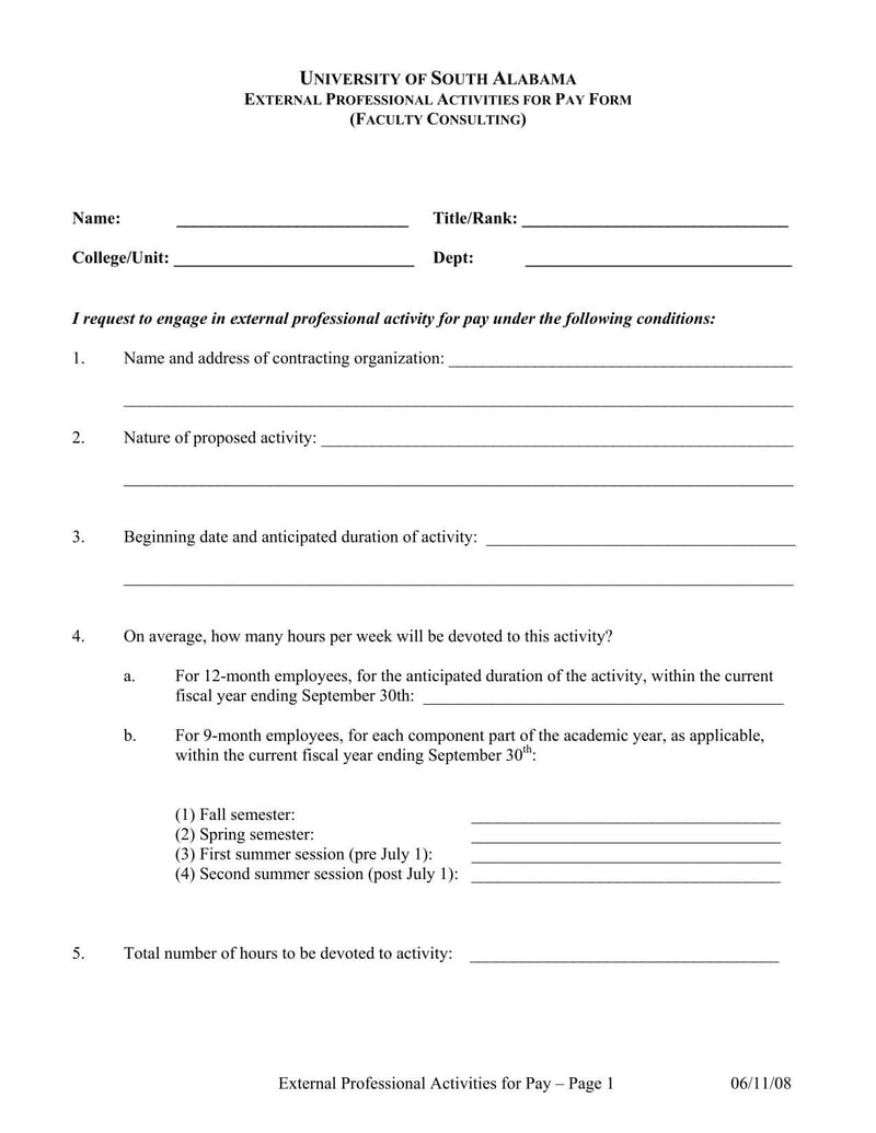 Large thumbnail of University of South Alabama External Professional Activities for Pay Form