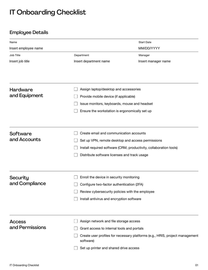 IT Onboarding Checklist for ensuring new hires receive the necessary tech access and equipment