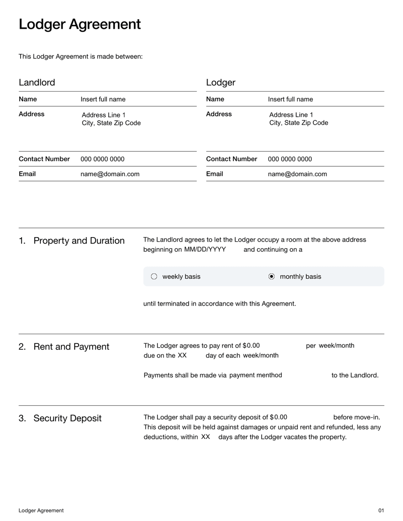 Lodger Agreement Template with formal clauses for rent terms, security deposit, house rules and signatures for landlord and lodger