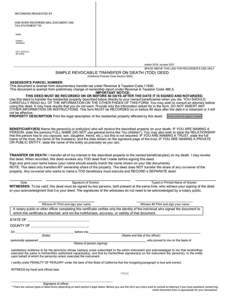 Large thumbnail of Simple Revocable Transfer on Death (TOD) Deed Form - Jul 2022