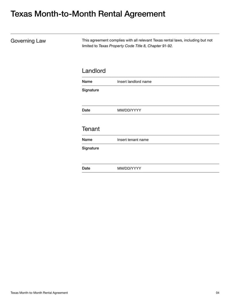 Texas Month-to-Month Rental Agreement template for defining lease terms, rent payments, and tenant-landlord responsibilities