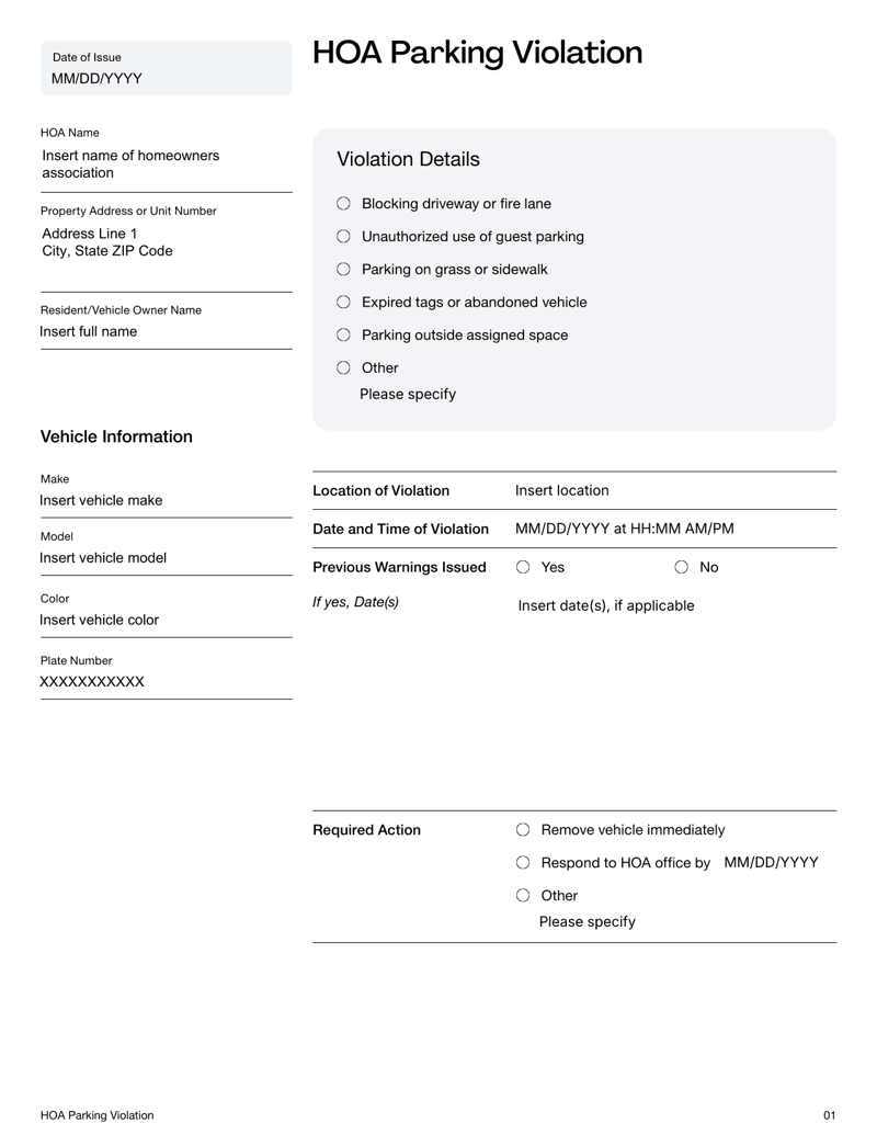 HOA Parking Violation form with vehicle details, violation checkboxes and enforcement actions