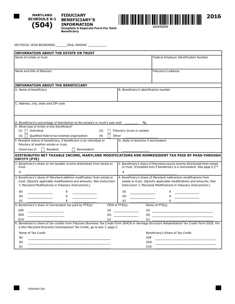Large thumbnail of Maryland Schedule K-1 (504) - Sep 2017