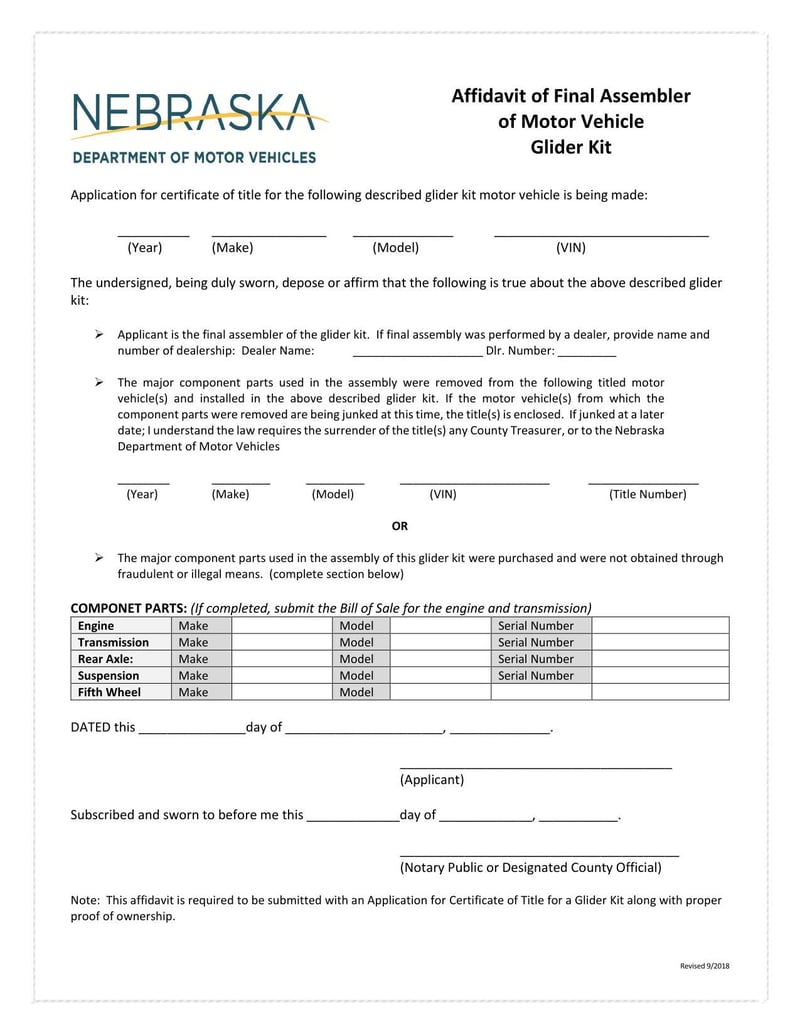 Large thumbnail of Nebraska Affidavit of Final Assembler of Motor Vehicle Glider Kit