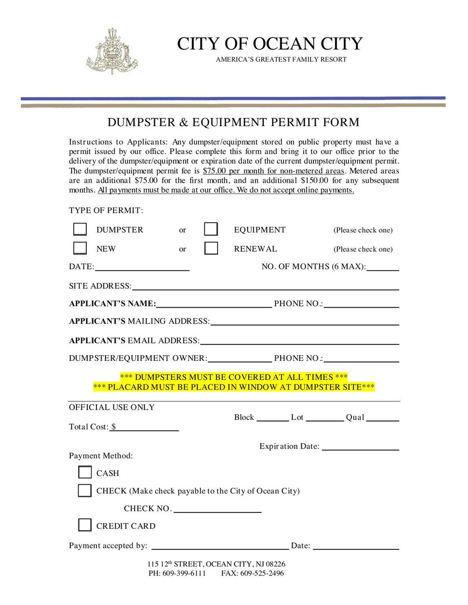 Dumpster & Equipment Permit Form Fill online with Lumin
