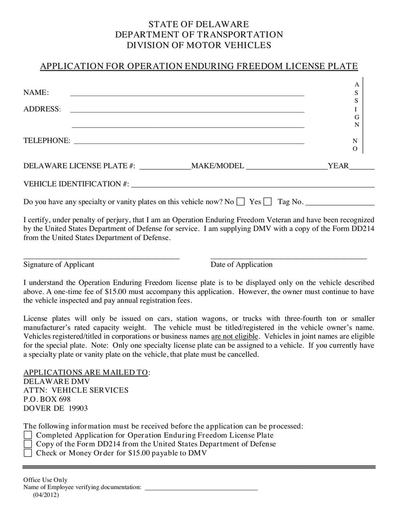 Large thumbnail of Application for Operation Enduring Freedom License Plate - Jan 2017
