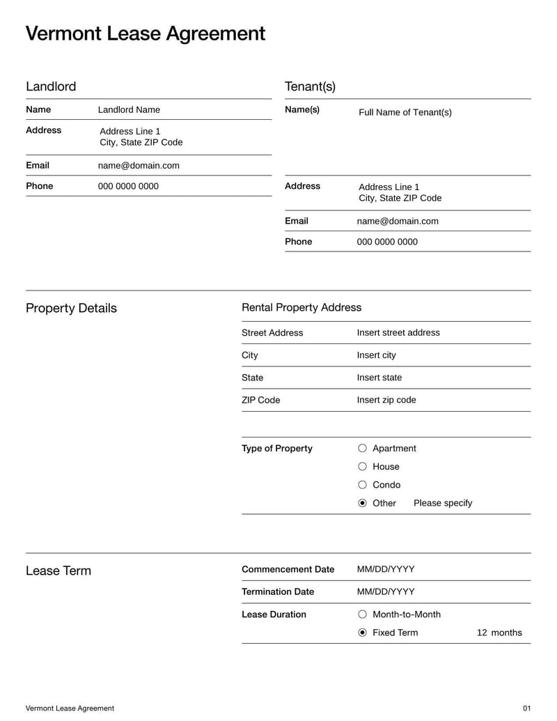 Large thumbnail of Vermont Lease Agreement Template