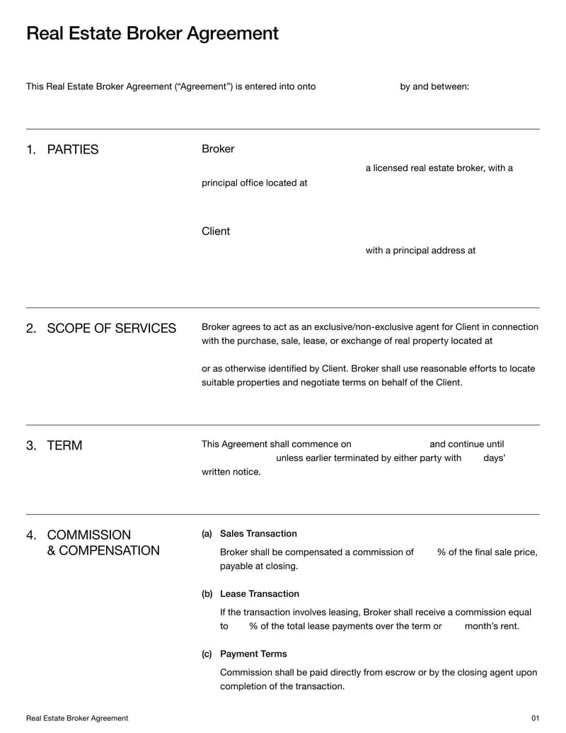 Real Estate Broker Agreement outlining terms between a property owner and a broker for property transactions