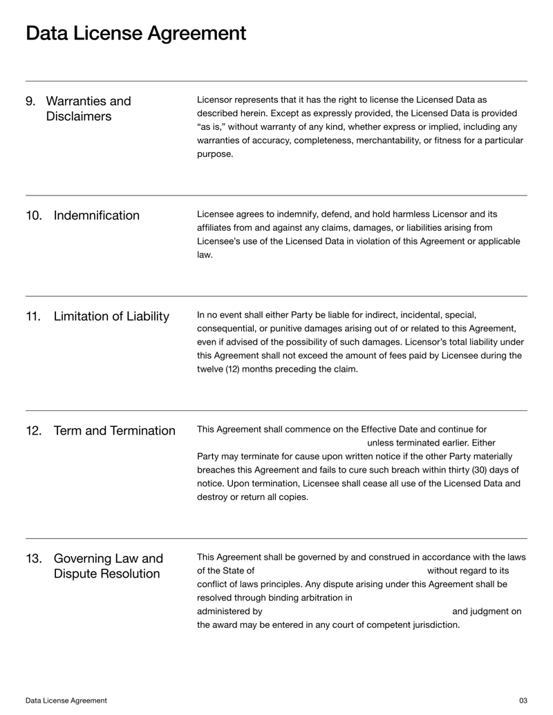 Data License Agreement Template defining data usage terms, confidentiality and compliance obligations
