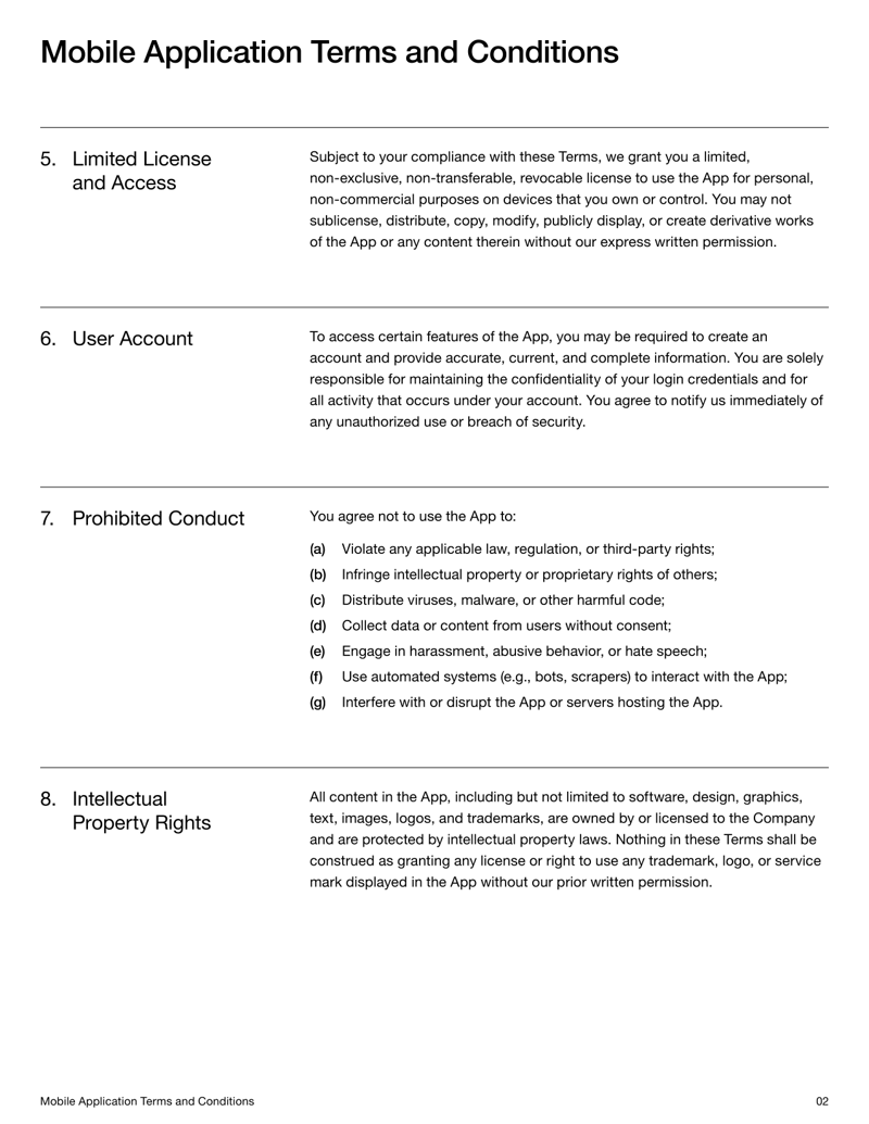 Mobile App Terms and Conditions setting app usage terms, privacy rules and user responsibilities