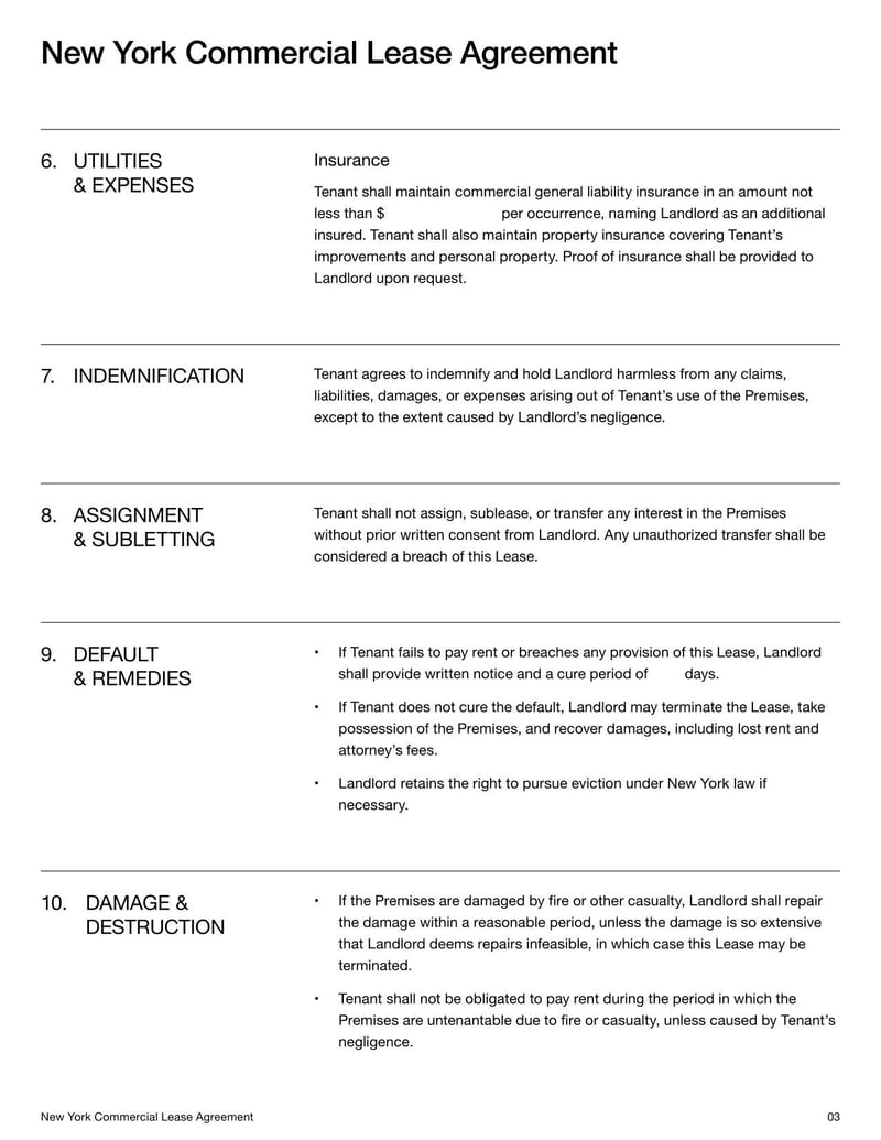 New York Commercial Lease Agreement for outlining rental terms, permitted use, and obligations for commercial properties in New York
