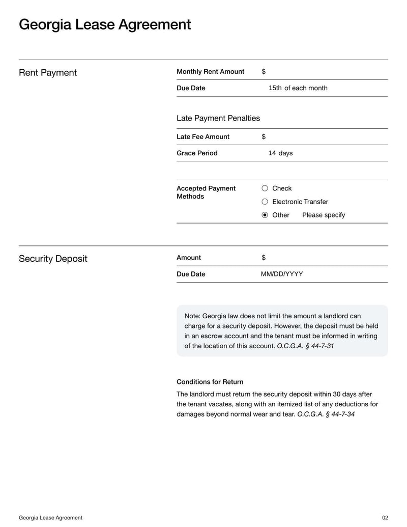 Georgia Lease Agreement for rental terms in Georgia