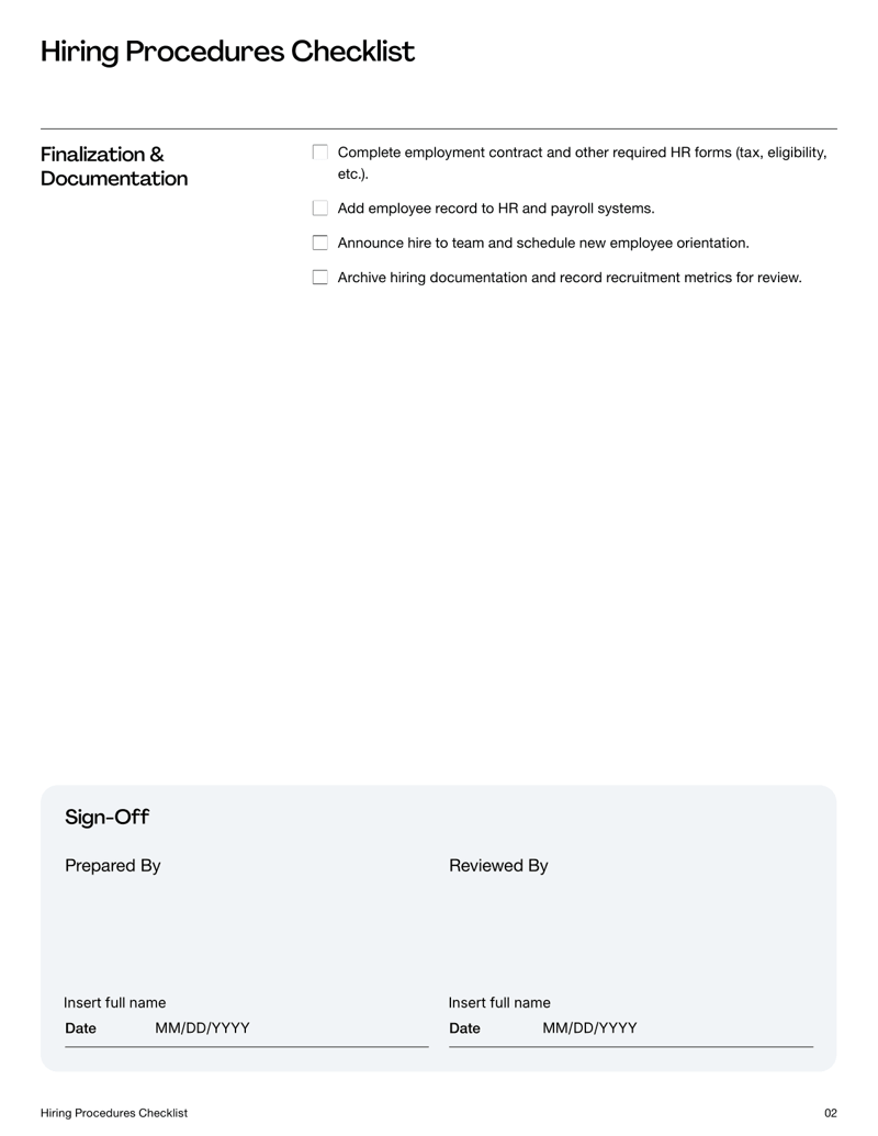 Hiring Procedures Checklist form with sections for job requisition, candidate screening, offer preparation and onboarding documentation
