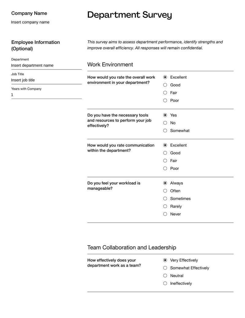 Survey for Department Template designed to assess departmental performance and gather feedback on team dynamics