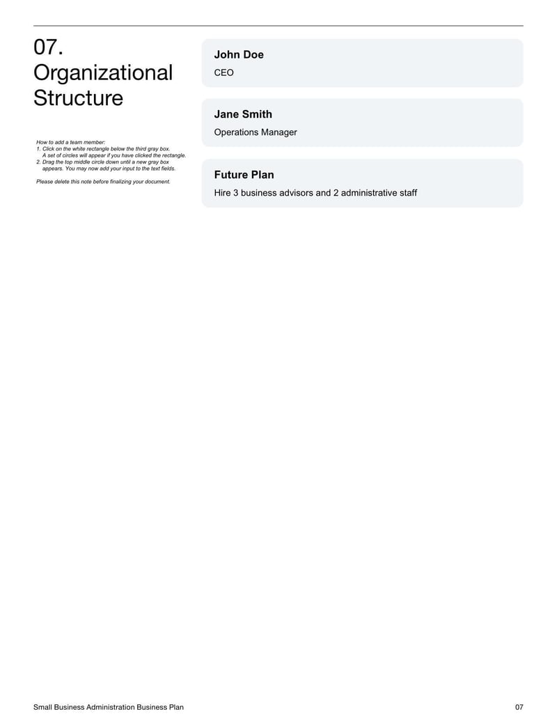 Small Business Administration Business Plan for applying for SBA loans and laying out a small business structure