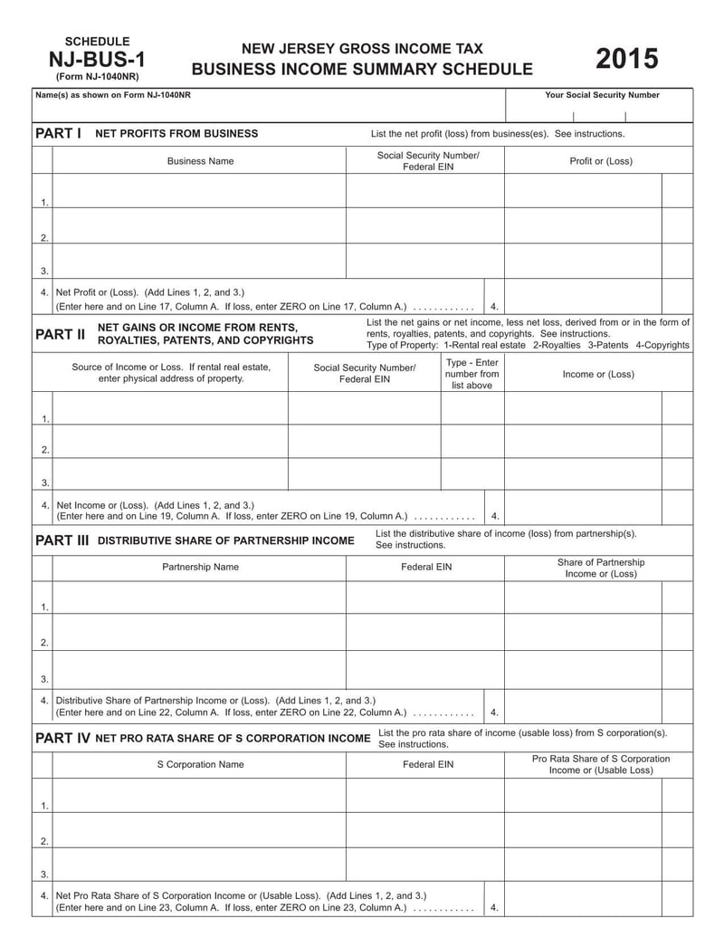 Large thumbnail of Schedule NJ-BUS-1 Form NJ-1040NR - Jan 2015