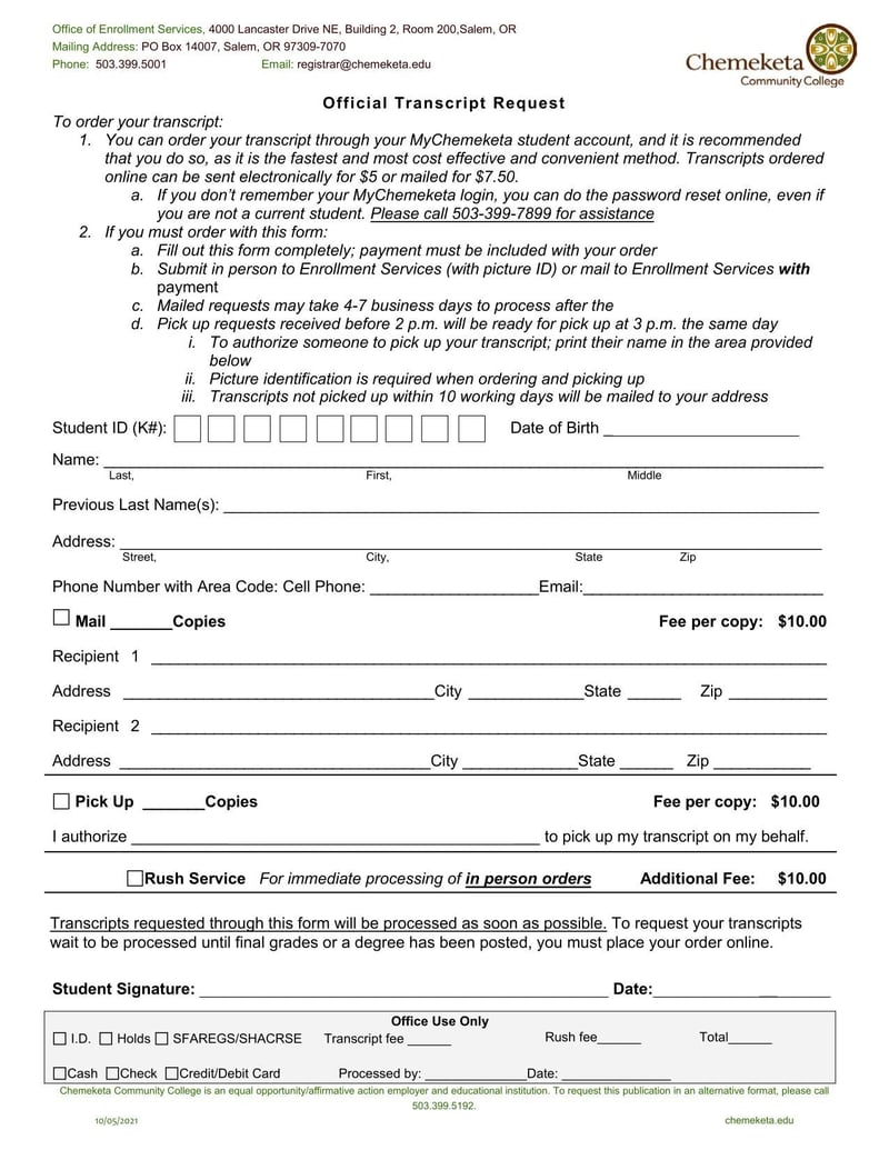 Large thumbnail of Chemeketa Community College Official Transcript Request