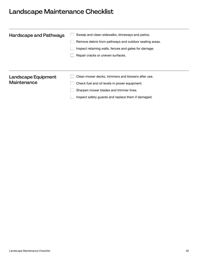 Landscape Maintenance Checklist with sections for lawn care, plant upkeep, irrigation checks and equipment maintenance