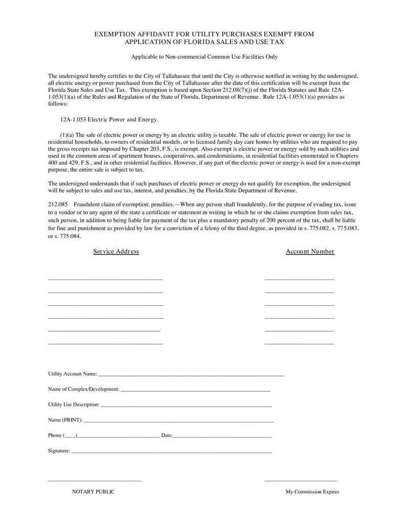 Large thumbnail of Exemption Affidavit For Utility Purchases Exempt From Application Of Florida Sales And Use Tax