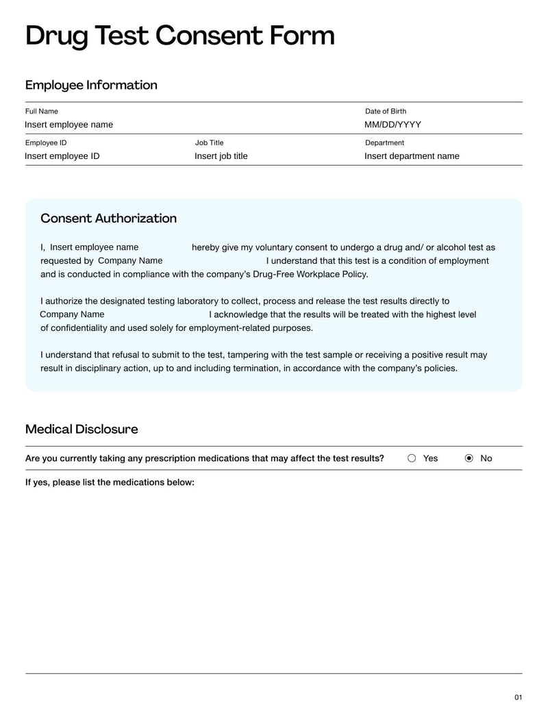 Drug Test Consent Form used to authorize employment-related drug screenings