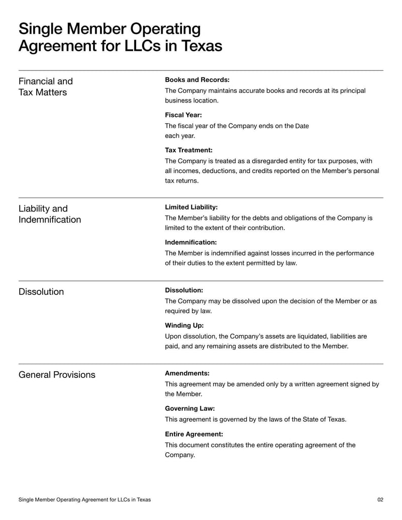 Single Member Operating Agreement for LLCs in Texas which defines structure and operations for a single-member Texas LLC