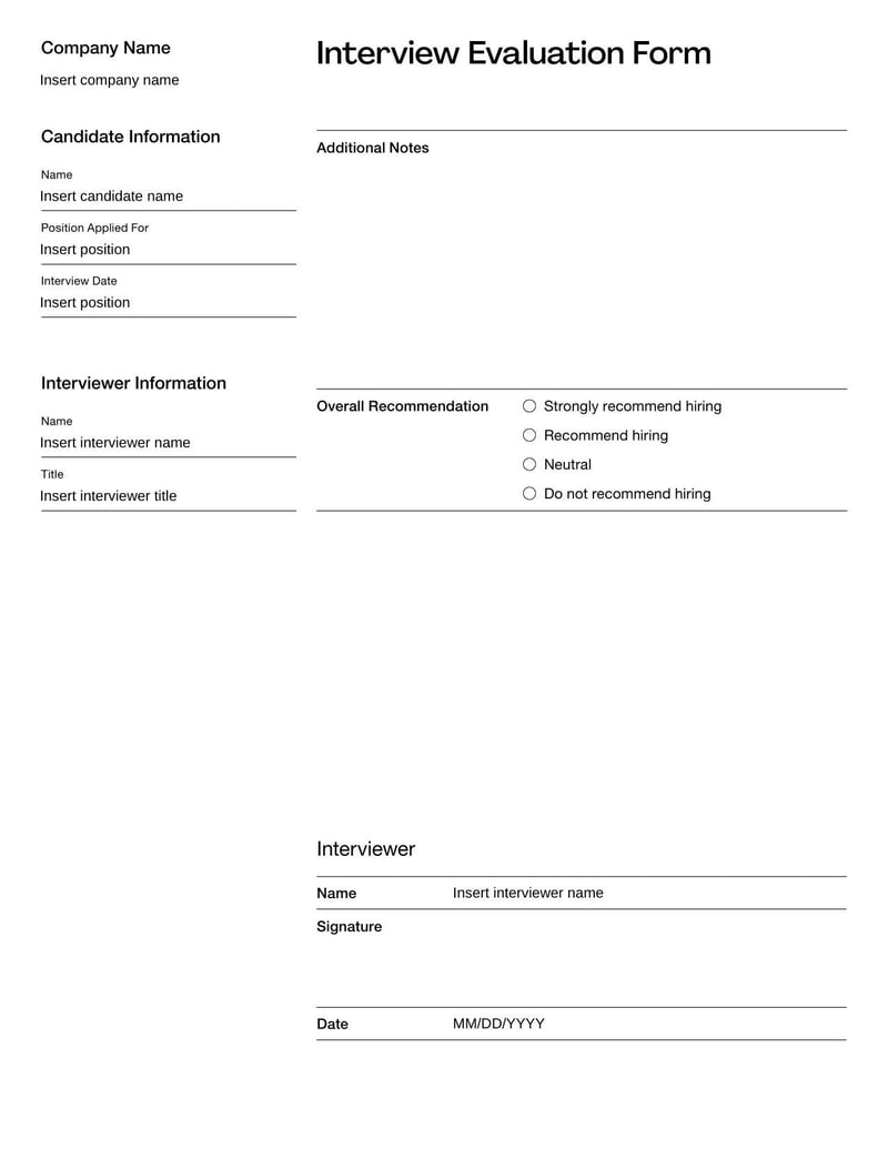 Interview Evaluation Form assessing candidate qualifications and suitability for a position