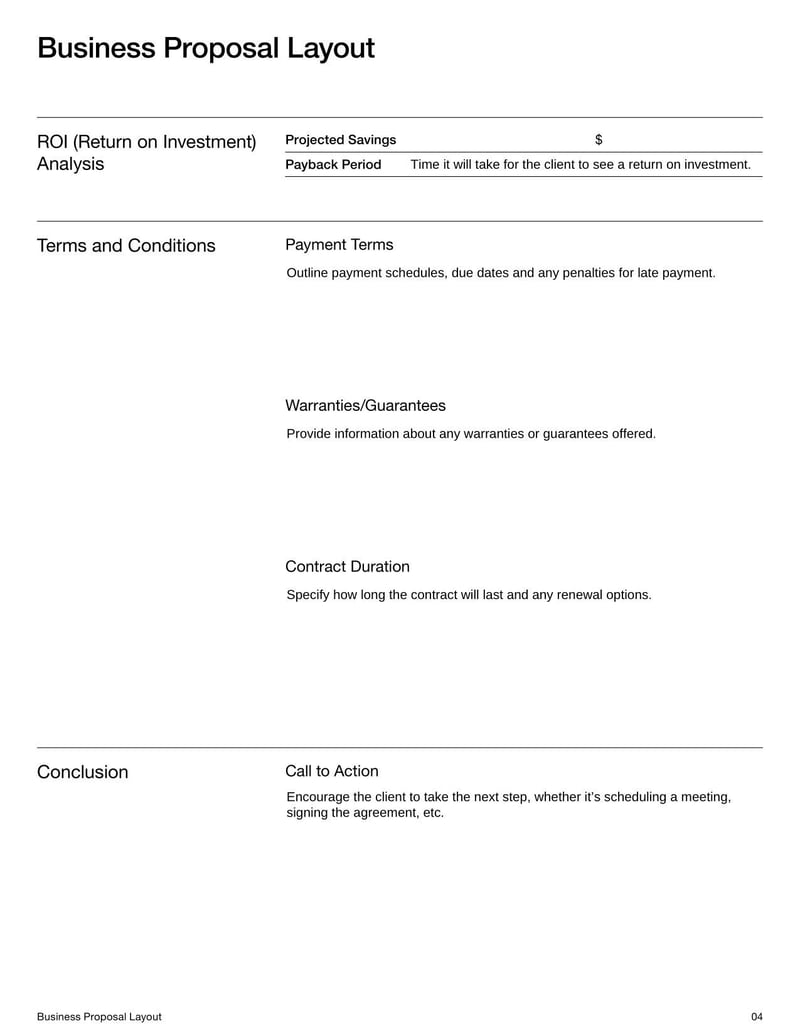 Business Proposal Layout for structuring a proposal to present to stakeholders or clients