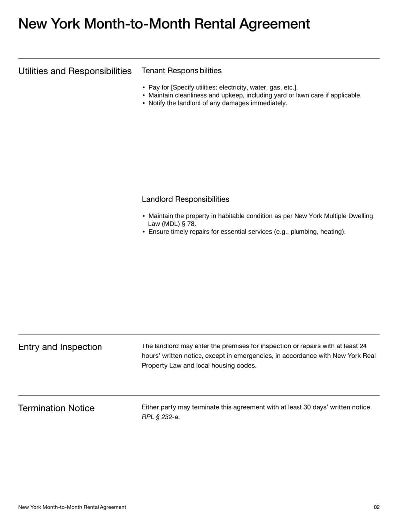 New York Month-to-Month Rental Agreement for outlining flexible lease terms, rent payments, security deposits, and termination procedures