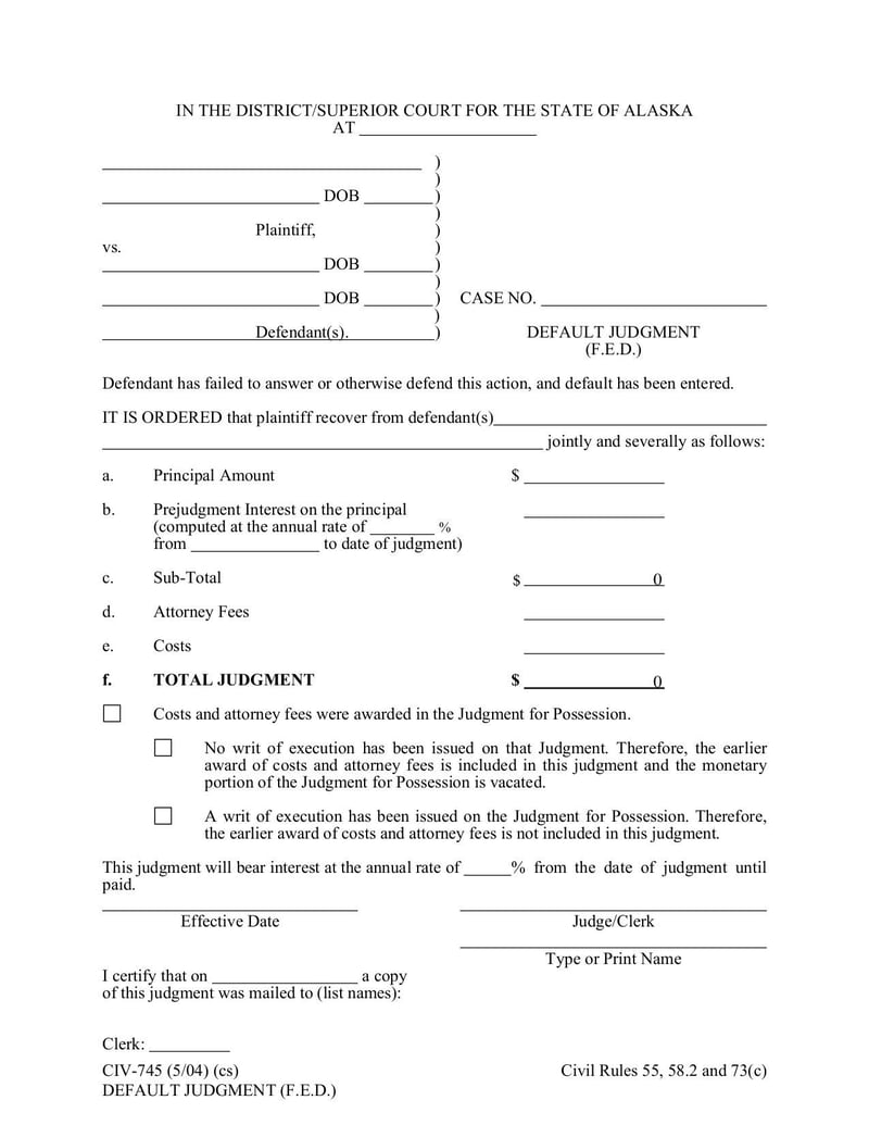 Large thumbnail of Form CIV-745 Default Judgment - Aug 2015