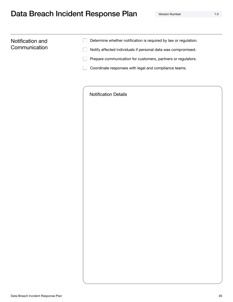 Data Breach Incident Response Plan template with sections for incident identification, containment, investigation, recovery and post-incident review