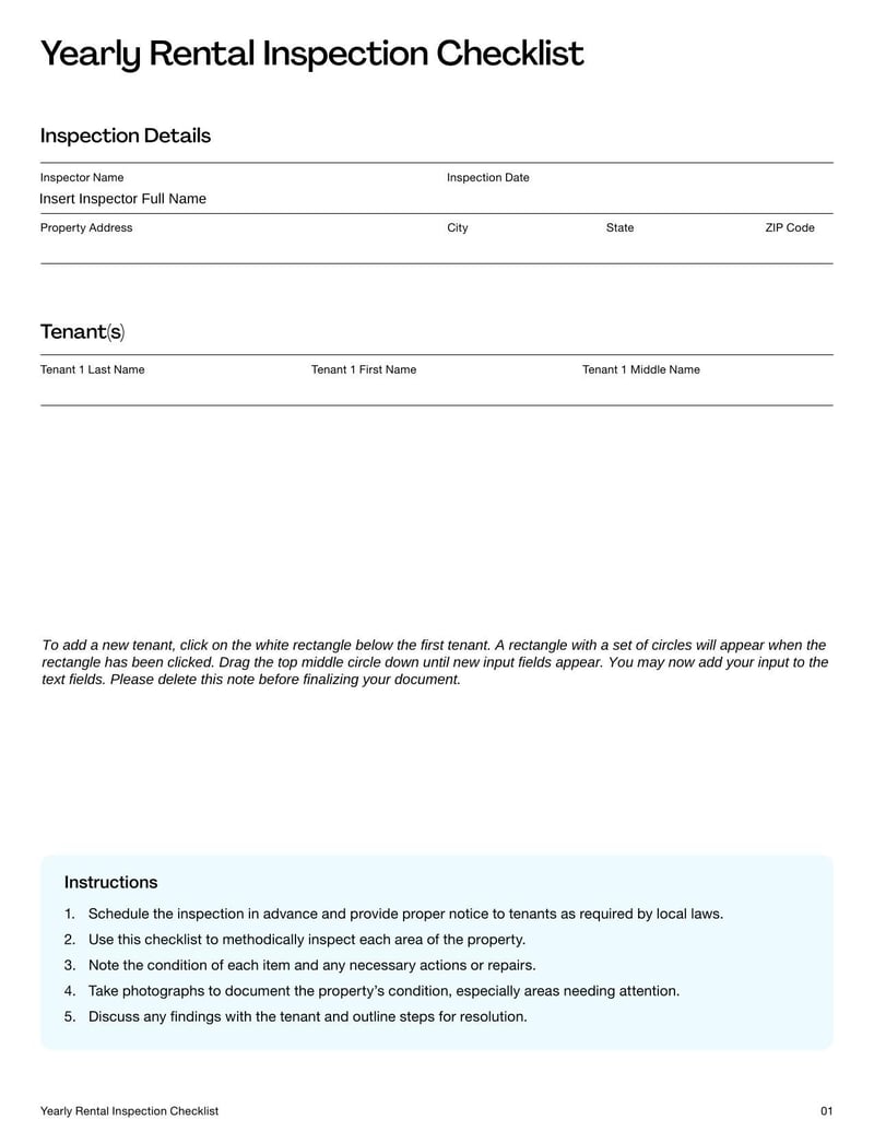 Yearly Rental Inspection Checklist for evaluating a property's condition, including structural elements, safety features, and maintenance needs