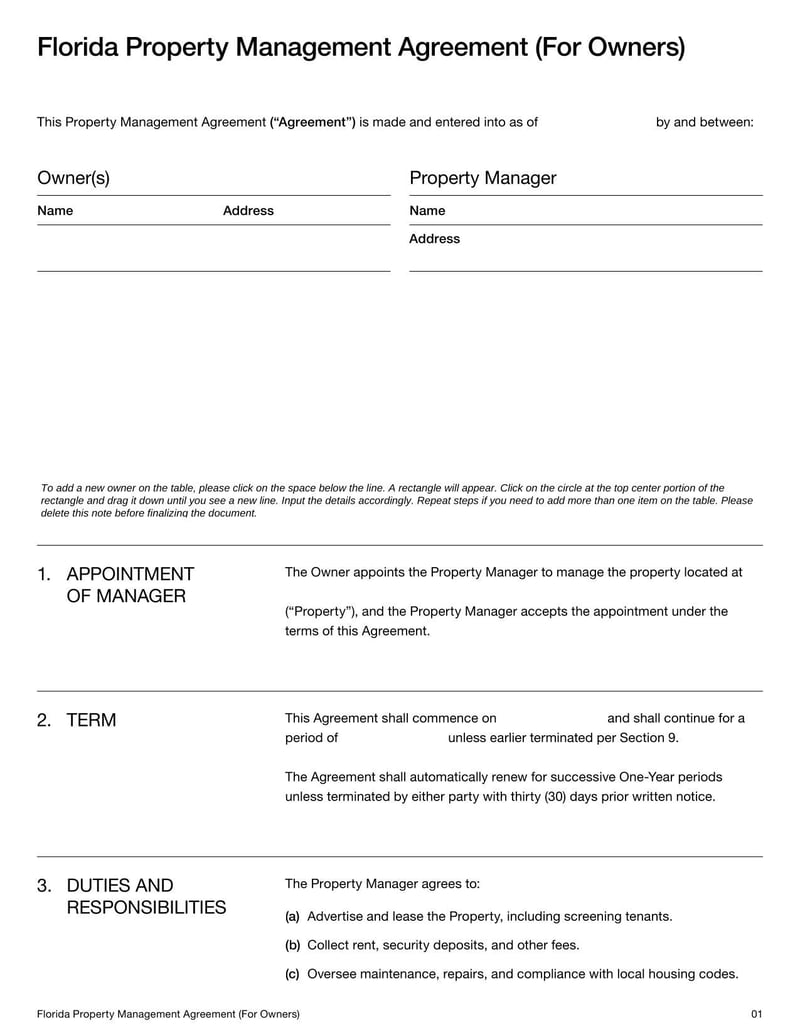 Property Management Agreement for Florida property owners detailing terms for managing rental properties