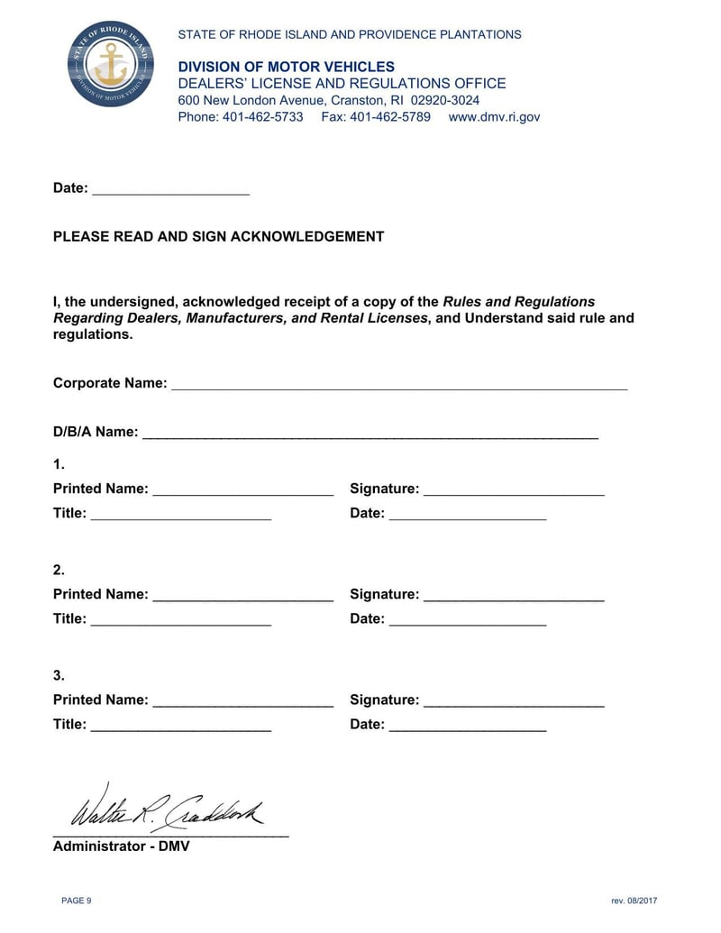 Large thumbnail of Rhode Island Application for New Dealership License (2017)