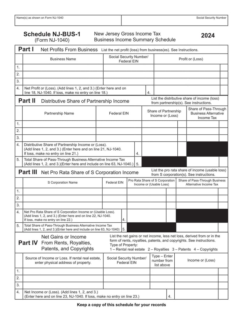Large thumbnail of Schedule NJ-BUS-1 (Form NJ-1040) - 2024