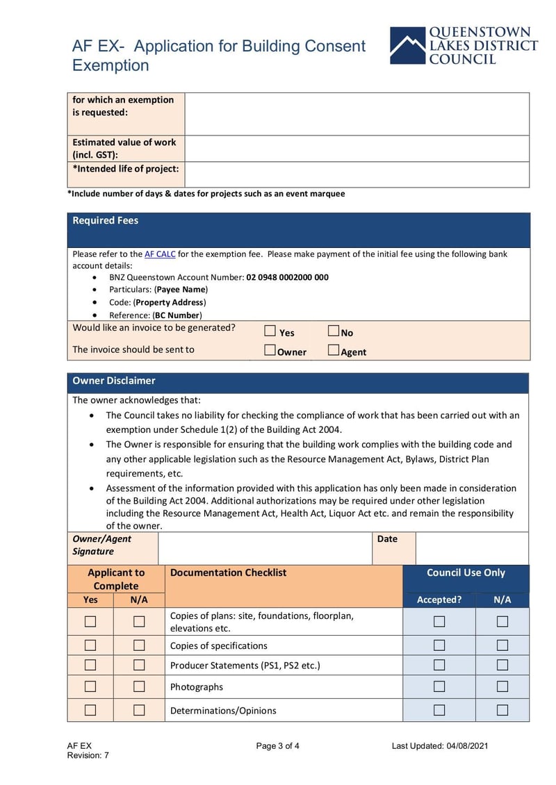 Large thumbnail of Form AF EX Application for Building Consent Exemption - Aug 2021