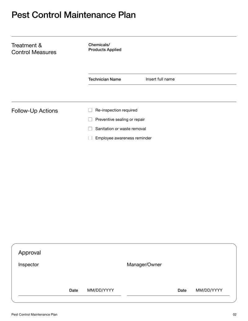 Pest Control Maintenance Plan with sections for inspection schedule, treatment records, preventive actions and follow-up documentation