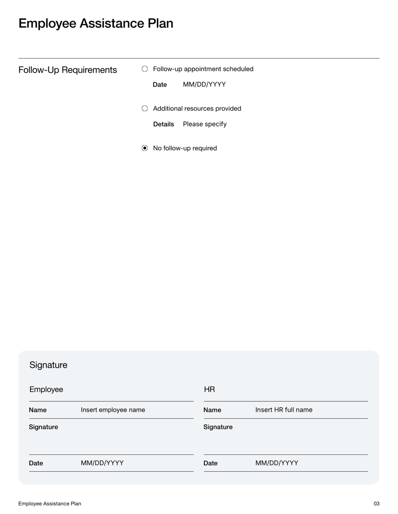 Employee Assistance Plan form with sections for support services, reasons for request, confidentiality acknowledgment and signatures