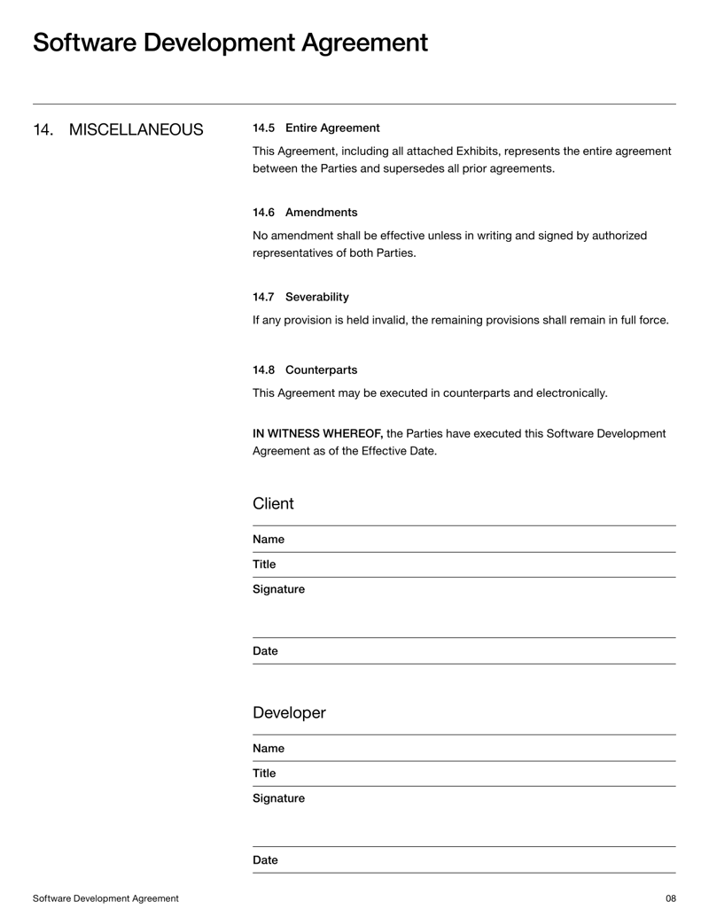 Software Development Agreement template for defining developer-client roles, deliverables and IP ownership