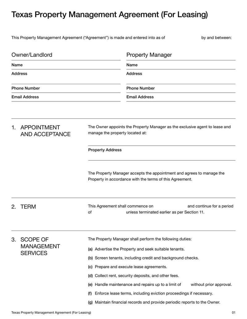 Property Management Agreement Texas for leasing provides tenant placement and lease management services for property owners