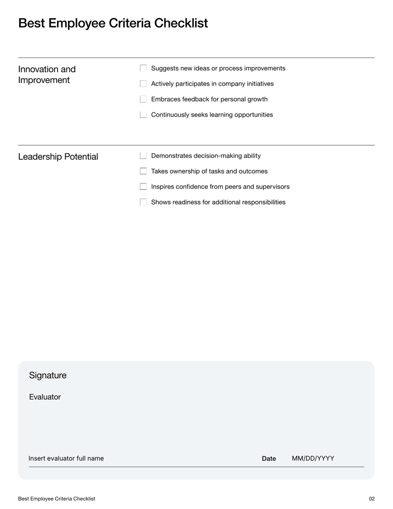 Best Employee Criteria Checklist outlining performance, professionalism, teamwork, innovation and leadership criteria for evaluating employees
